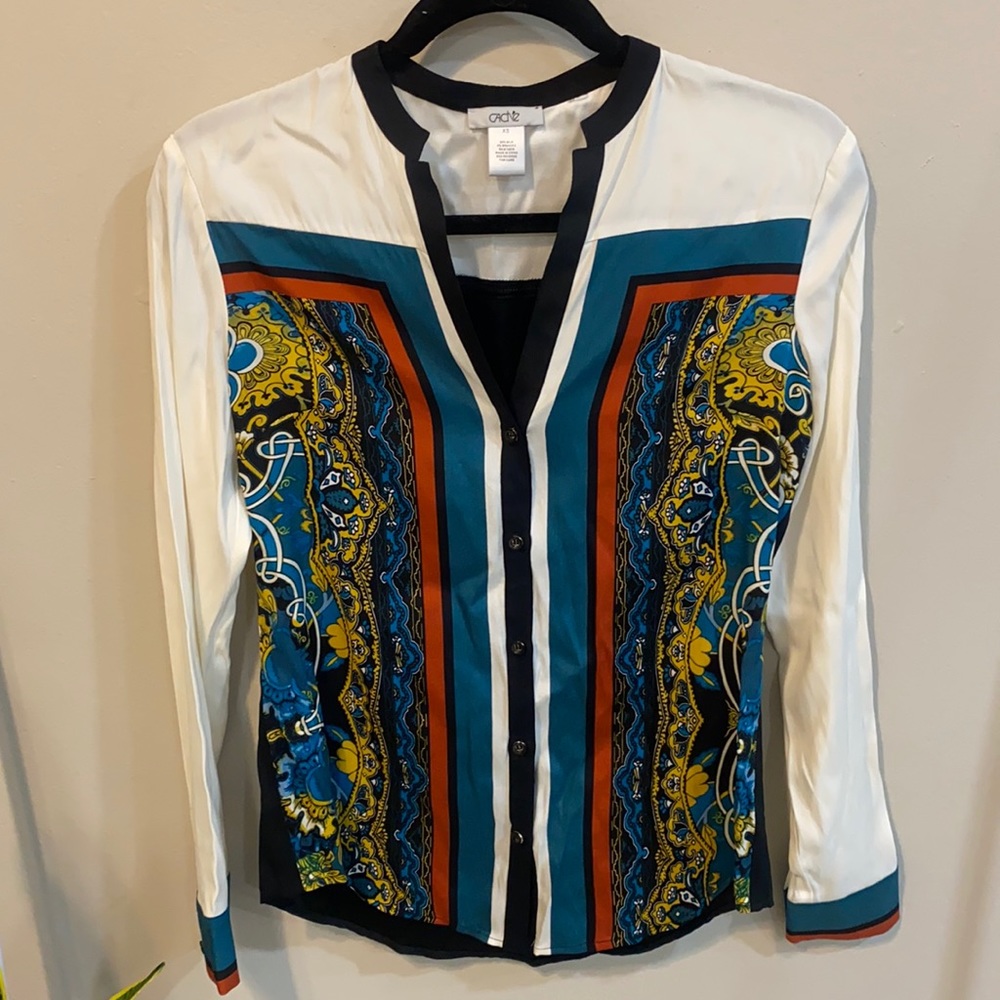 Cache White Multicolored Collared Blouse | Size Xs - image 1